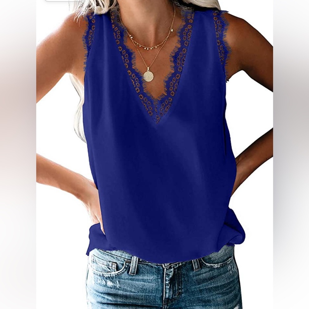 BLENCOT Women Lace Trim V Neck Sleeveless Blouse
